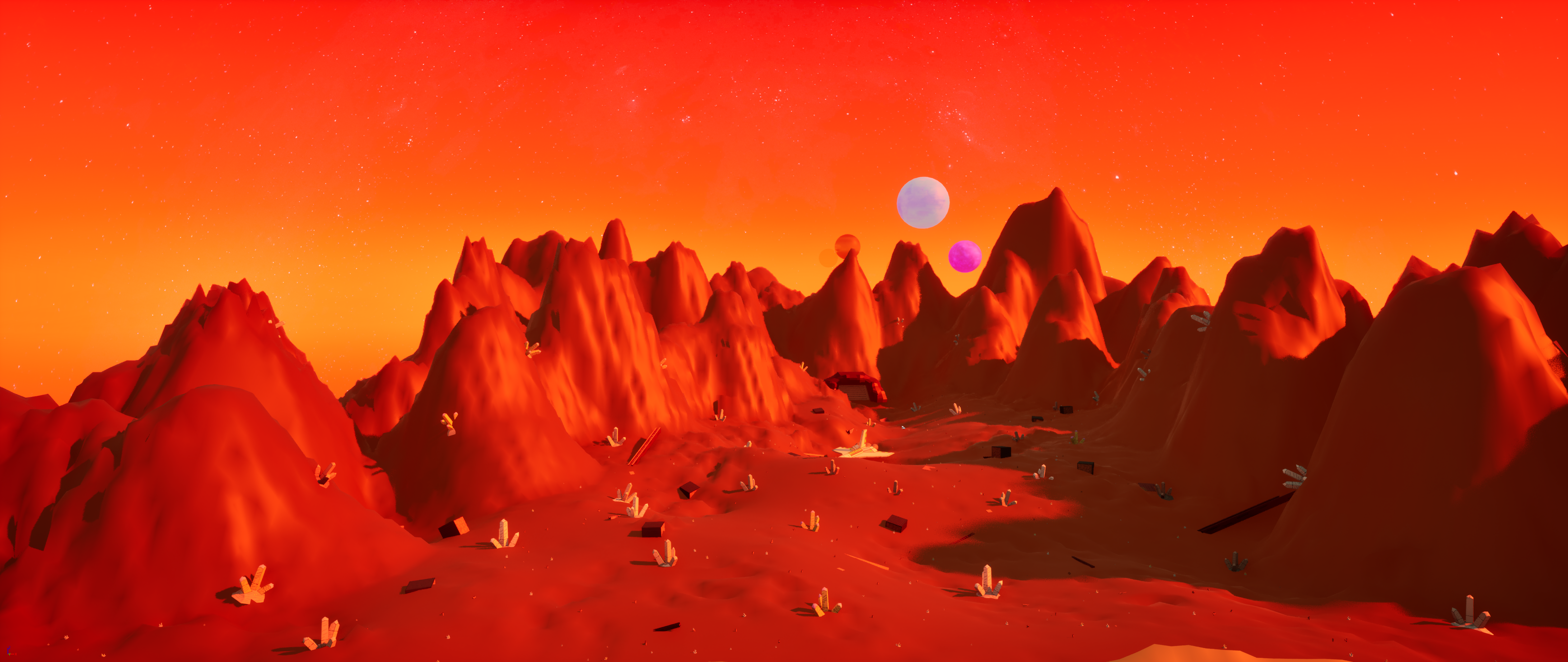 A scrappy wasteland scattered with rusted iron, tangled wires, and broken tech. Navigate dim skies and dig through tungsten-rich debris for valuable parts.