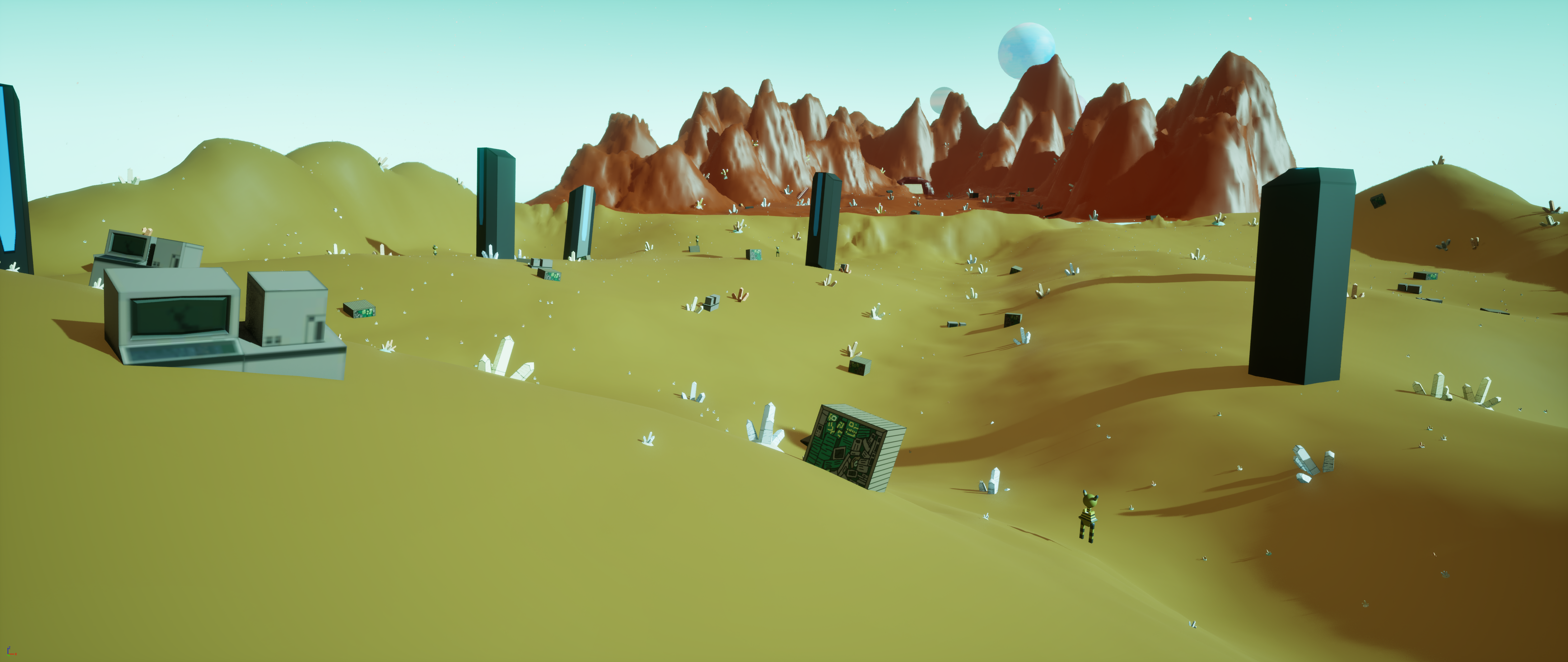 A brighter landscape of cracked circuit boards and sandy terrain. Explore tan-green plains dotted with computer chip relics and tech ruins.